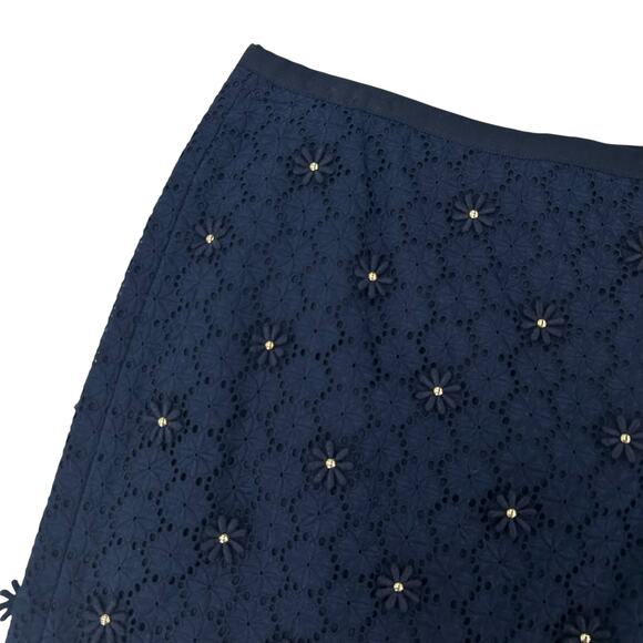 Talbots Navy Floral Eyelet Gold Embellished Lined Pencil Skirt Womens Petite 8 - Picture 2 of 5